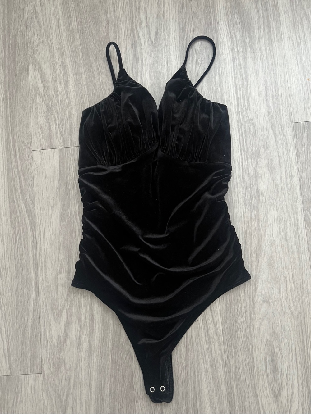 Express Black Velvet Ruched Bodysuit Size M Spaghetti Strap